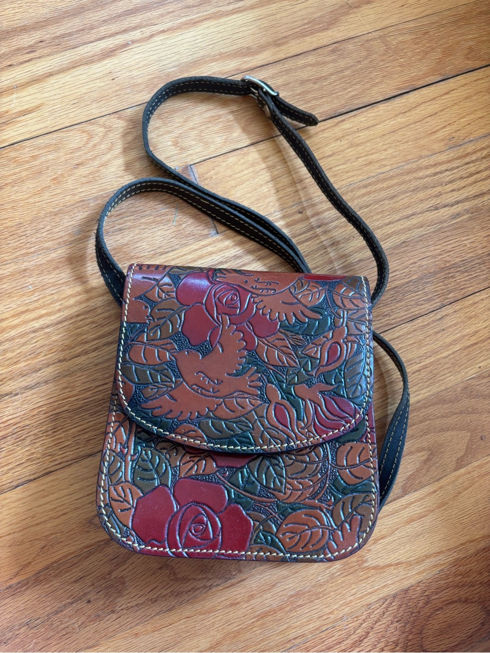 Hand-Painted Floral Embossed Leather Crossbody by Sevilla, Spain Artisan
